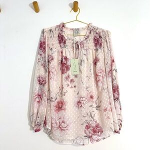 Joie Pink Floral Ruffle Smocked Long Sleeve Blouse Cottage Peasant NWT Size 1X